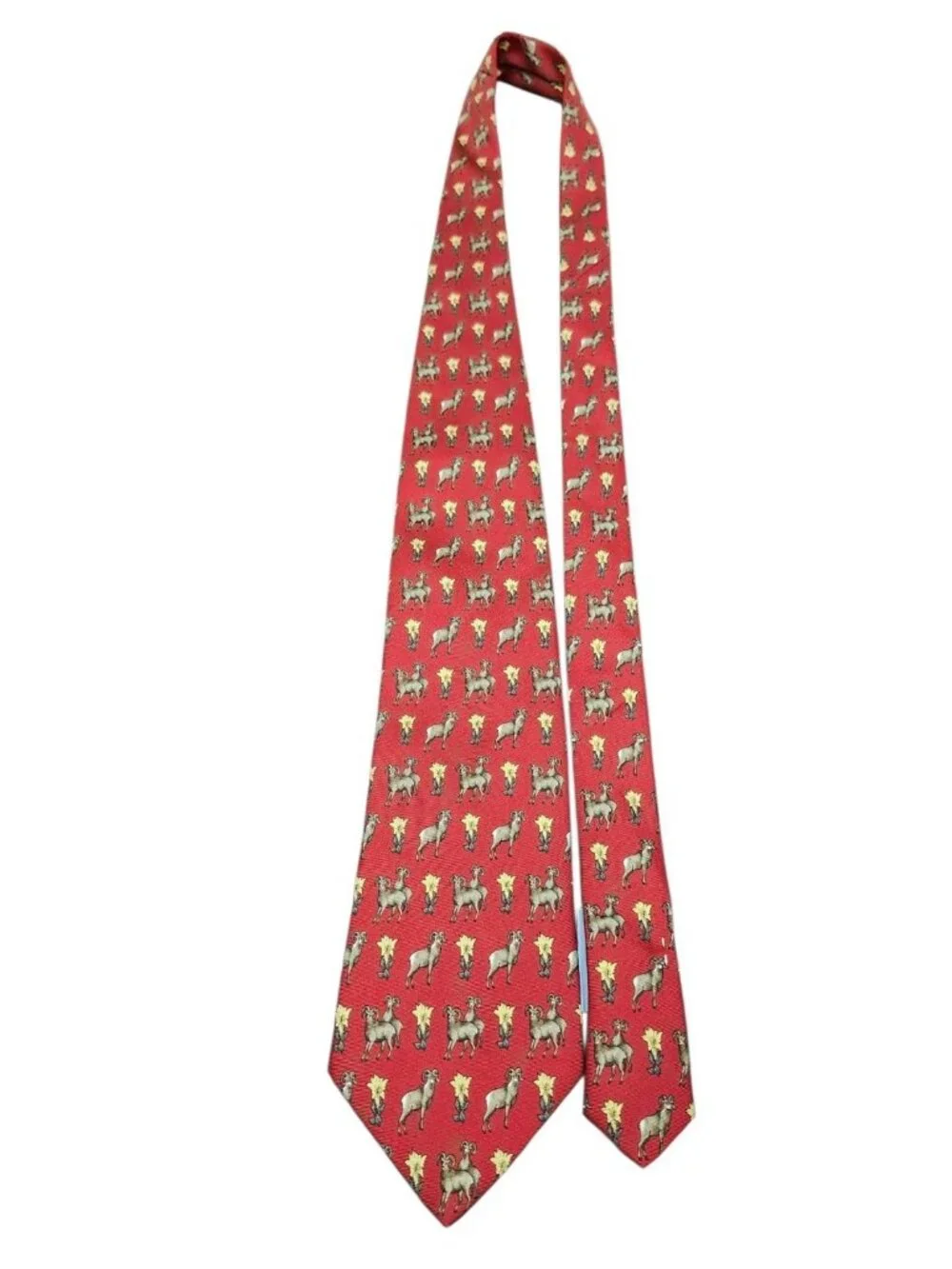 Burberrys Vintage Red Silk Ram Animal Print Tie Hand Made USA